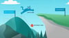 An illustration of a cat jumping from one hill called Med School to another hill called Residency with the text