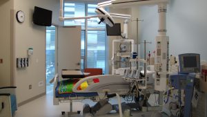 A hospital bed in the pediatric ICU